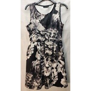 Apt 9 Women Med Black White Floral Sleeveless Fit Flare Polyester Spandex Dress